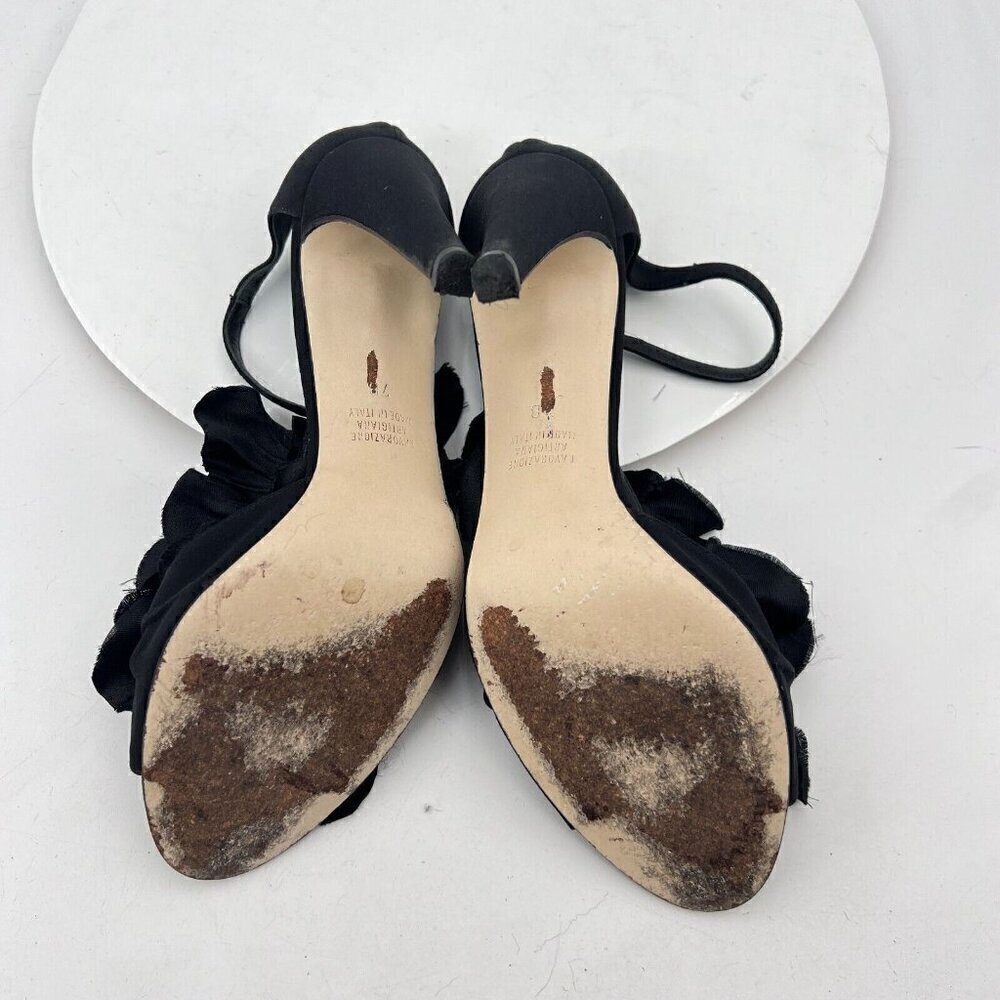 Lavorazione Artigiana Women Shoes Size 7B Black Leather Floral Satin Heel Sandal - Picture 8 of 12